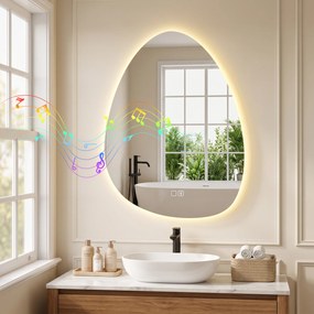 HOMCOM Oglindă de baie cu LED, 3 culori, 60x80 cm, neregulată, Bluetooth, antiaburire, touch | Aosom Romania
