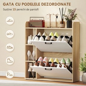 HOMCOM Dulap Slim pentru Pantofi cu 2 Sertare Rabatabile și 3 Compartimente, Capacitate 15 Perechi, 83x24x90,5 cm, Lemn și Alb | Aosom Romania