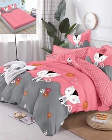 Lenjerie de pat cu elastic, bumbac tip finet, pat 2 persoane, roz / gri, 6 piese, FNE-40