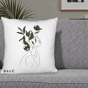 Perna Decorativa Portret Feminin Crin Verde, 40x40 cm, Alb Pufos, Husa Detasabila, Perna Inclusa, BEKZ®