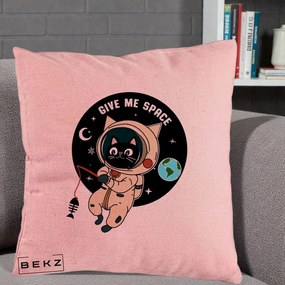 Perna Decorativa Give Me Space Pisica Astronaut, 40x40 cm, Roz, Husa Detasabila, Perna Inclusa, BEKZ®