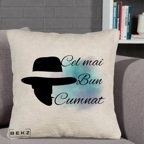 Cadou pentru Cumnat - Perna Personalizata Cel mai Bun Cumnat cu Silueta Palarie si Pete Teal-Roz, 40x40 cm, Bej Canapea, Husa Detasabila, Perna Inclusa, BEKZ®