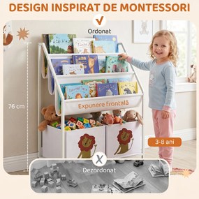 AIYAPLAY Bibliotecă Montessori pentru Copii 3-8 Ani cu 4 Rafturi și 2 Cutii cu Imprimeu Leu, Alb | Aosom Romania