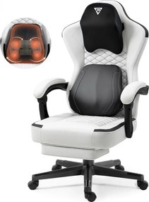 ErgoRelax Pro JD– Scaun Gaming Ergonomic, Masaj Lombar si Incalzire, Spătar Rabatabil 155°, Suport picioare, PU, Alb