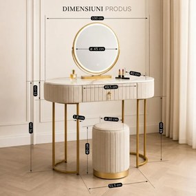 Set SARAH, Masă de toaletă pentru machiaj cu oglindă iluminată LED, control touch, sertar, taburet, 100x40x76 cm, Bej/Auriu