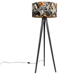 Lampă de podea cu trepied negru cu abajur floral 50 cm - Tripod Classic