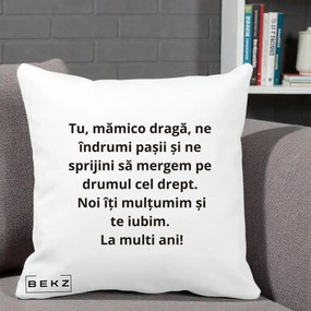 Cadou pentru Mama - Perna Personalizata Mamico Draga Te Iubim La Multi Ani cu Text Negru, 40x40 cm, Alba Mata, Husa Detasabila, Perna Inclusa, BEKZ®