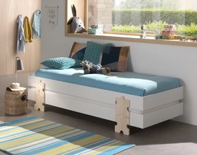 Set 3 paturi stivuibile pentru copii MODULO, alb, din MDF și pin masiv, cu somiere cu lamele incluse – Vipack