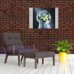 Tablou pe sticlă - Fluture verde în perete (70x50 cm)