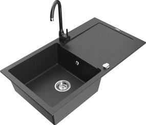 Mexen Leo chiuvetă de granit cu 1 cuvă și scurgător și baterie de bucătărie Telma, negru cu stropi - 6501-76-670200-76