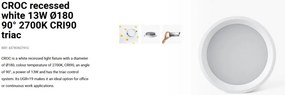 Spot LED incastrabil CROC IP44 recessed white 13W 18cm 90 grade 2700K CRI90 triac