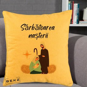 Perna Decorativa Nasterea Domnului Sfanta Familie Sarbatoarea Nasterii, 40x40 cm, Galben, Husa Detasabila, Perna Inclusa, BEKZ®