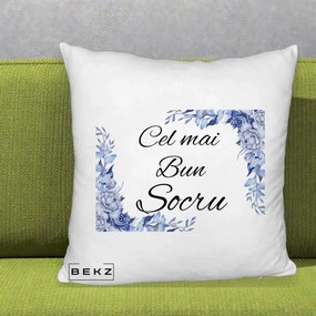 Cadou pentru Socru - Perna Personalizata Cel mai Bun Socru cu Flori Albastre Acuarela, 40x40 cm, Alb Pufos, Husa Detasabila, Perna Inclusa, BEKZ®