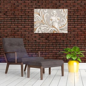Tablou pe sticlă - Imagine a zeiței într-un fundal ornamental (70x50 cm)