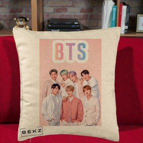 Perna Personalizata K-pop BTS Foto Grup cu BTS si Fond Roz Pastel, 40x40 cm, Bej, Husa Detasabila, Perna Inclusa, BEKZ®