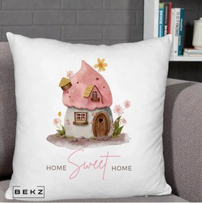 Perna Decorativa Home Sweet Home Casuta, 40x40 cm, Alb Pufos, Husa Detasabila, Perna Inclusa, BEKZ®
