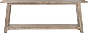 Consolă hol în stil etnic, din lemn de tec reciclat, natur, cu raft jos și picioare înclinate, finisaj patinat, 90 x 240 x 46 cm, „Granville”