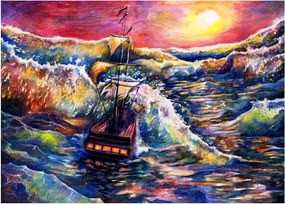 Tablou pe sticlă - Navă pe valurile oceanului, aquarelă (70x50 cm)