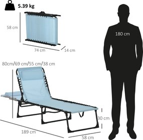 Outsunny Șezlong pliabil, husă respirabilă, cadru metalic, 189 x 58 x 30 cm, Albastru-verzui | Aosom Romania
