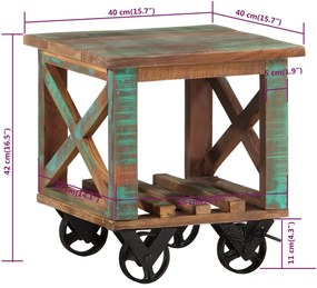 Masa laterala cu roti, 40x40x42 cm, lemn masiv reciclat