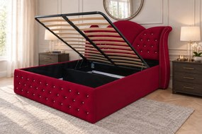 Pat tapițat Chesterfield din catifea Velora Cristal 140×200 cm, vișiniu, cu ladă de depozitare