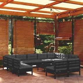 3097221 vidaXL Set mobilier grădină cu perne, 12 piese, negru, lemn masiv pin
