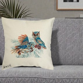 Perna Decorativa Bufnite de Iarna Albastre, 40x40 cm, Ecru, Husa Detasabila, Perna Inclusa, BEKZ®