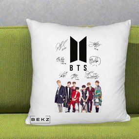 Perna Personalizata K-pop BTS Semnaturi Foto, 40x40 cm, Alb Pufos, Husa Detasabila, Perna Inclusa, BEKZ®
