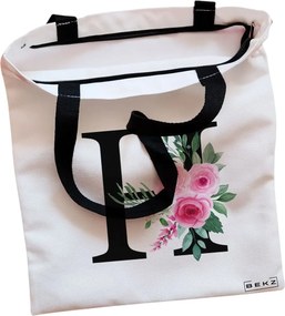 Sacosa de Panza pentru Cumparaturi, Geanta Tote, Cu litera H si Trandafiri, Cu fermoar, 38x34.5 cm, Alba, BEKZ®