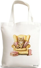Sacosa de Panza pentru Cumparaturi, Geanta Tote, model Reading cat 6 38 x 34.5 cm, Alba, BEKZ®