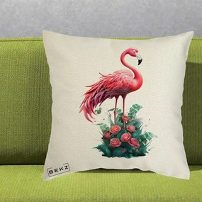 Perna Decorativa Flamingo cu Trandafiri Tropicali, 40x40 cm, Ecru, Husa Detasabila, Perna Inclusa, BEKZ®
