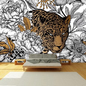 Fototapet - Leopard în bujori (147x102 cm)