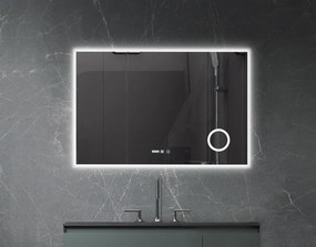 Oglindă baie, Multifuncțională, Iluminare LED Touch în 3 culori, Sistem Dezaburire, Lupă, Ceas încorporat, 120x80 cm