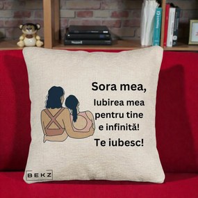 Cadou pentru Sora - Perna Personalizata Sora Mea Te Iubesc Doua Fete Fashioniste Line Art, 40x40 cm, Bej Canapea, Husa Detasabila, Perna Inclusa, BEKZ®