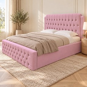 Pat tapițat Chesterfield din catifea Aveline Deluxe 140×200 cm, roz, cu ladă de depozitare