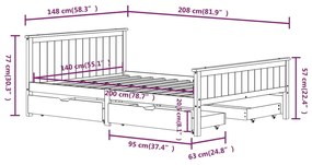 Cadru pat cu 4 sertare, alb, 140x200 cm, lemn masiv pin Alb, 140 x 200 cm, 4 Sertare