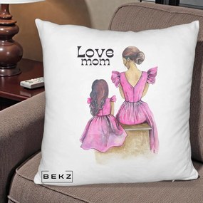Cadou pentru Mama - Perna Personalizata Love Mom Rochii Roz, 40x40 cm, Alb Pufos, Husa Detasabila, Perna Inclusa, BEKZ®