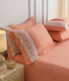 Lenjerie pat dublu, Inimi Brodate, 6 Piese, Finet Premium - Peach
