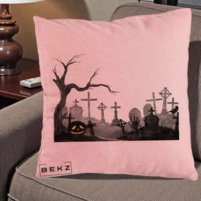 Perna Decorativa Halloween Cimitir Acuarela cu Dovleac, 40x40 cm, Roz, Husa Detasabila, Perna Inclusa, BEKZ®