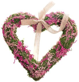 Inimă suspendată din mușchi cu flori uscate, roz, 30 x 4 cm