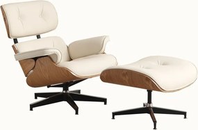 AVALON Accent Lounge Chair & Ottoman – Fotoliu Premium cu Taburet, Design Ergonomic, Piele Ecologică PU Premium, Furnir culoare Lemn Natural, Bază Pivotantă din Aluminiu, Alb
