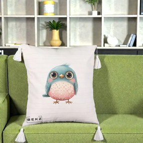 Perna Decorativa Pasare Teal-Roz cu Pete, 40x40 cm, Bej cu Franjuri, Husa Detasabila, Perna Inclusa, BEKZ®