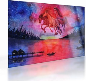 Tablou pe sticlă - Apariția cailor spațiali peste lac, acuarelă (70x50 cm)