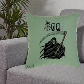 Perna Decorativa Halloween Boo Grim Reaper cu Coasa, 40x40 cm, Verde, Husa Detasabila, Perna Inclusa, BEKZ®