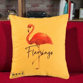 Perna Decorativa Flamingo Acuarela, 40x40 cm, Galben, Husa Detasabila, Perna Inclusa, BEKZ®