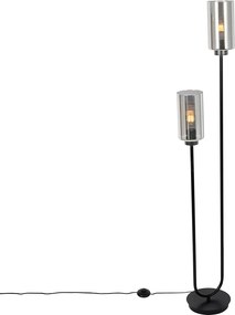 Lampă de podea Art Deco neagră cu sticlă fumurie cu 2 lumini - Laura