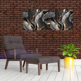 Tablou - Frunze tropicale, Galben - auriu (120x50 cm)