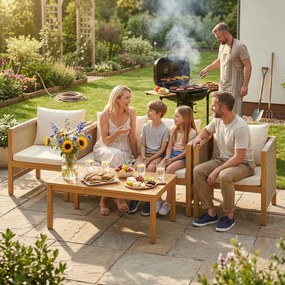 Outsunny Set mobilier de grădină din lemn pentru 4 persoane cu canapea 2 locuri, 2 fotolii, masă, împletitură din frânghie, design cu lamele, perne lavabile | Aosom Romania