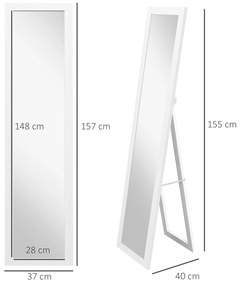 HOMCOM Oglindă cu Ramă din MDF, Picioare și Cârlige pentru Utilizare pe Podea sau pe Perete, 37x40x155 cm, Alb | Aosom Romania