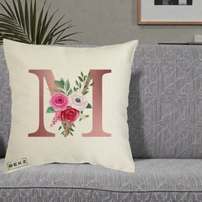 Cadou Personalizat - Perna Personalizata Monograma Rose Gold Litera M cu Trandafiri, 40x40 cm, Ecru, Husa Detasabila, Perna Inclusa, BEKZ®